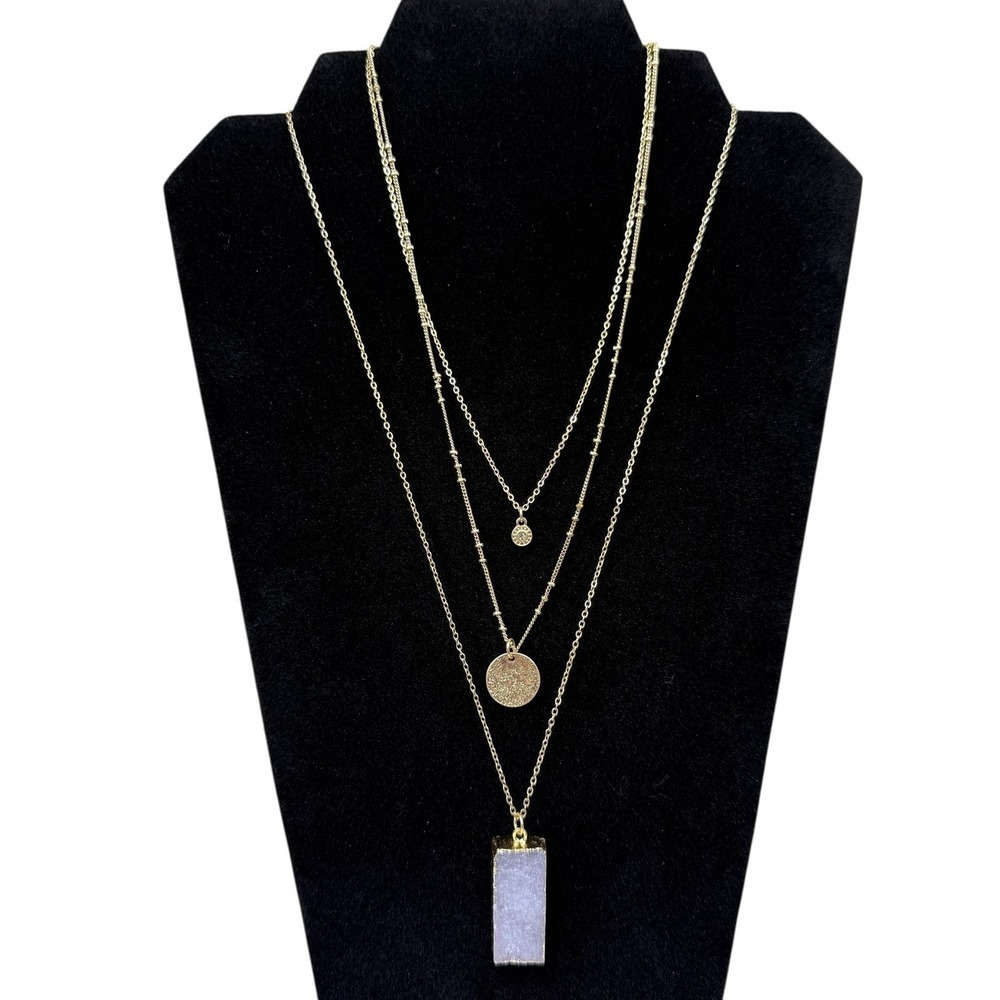 Layered Gold Tone Necklace Purple Crystal Druzy Pendant Satellite Chain Jewelry